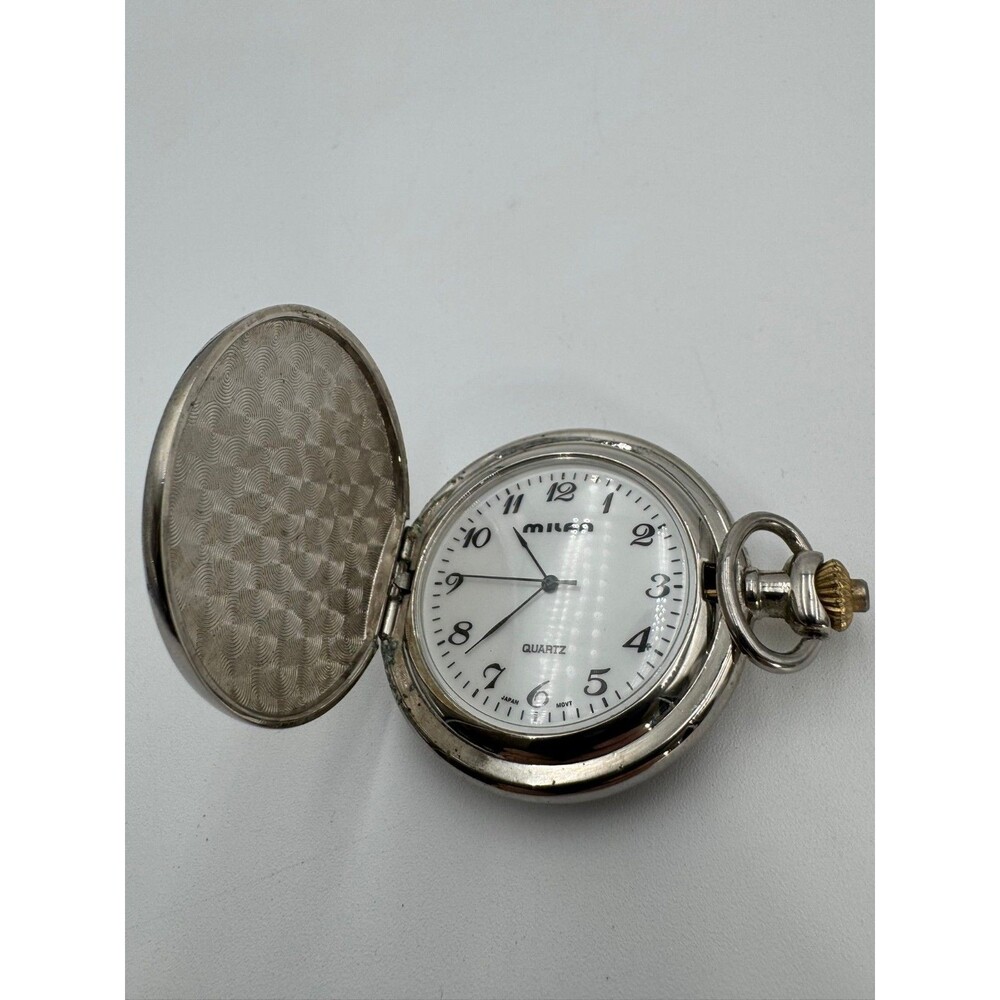 Milan Quartz Pocket Watch Silver Gold Blue Accent Japan Movement
